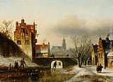 Figures on a frozen canal in a Dutch town by Jan Jacob Coenraad Spohler